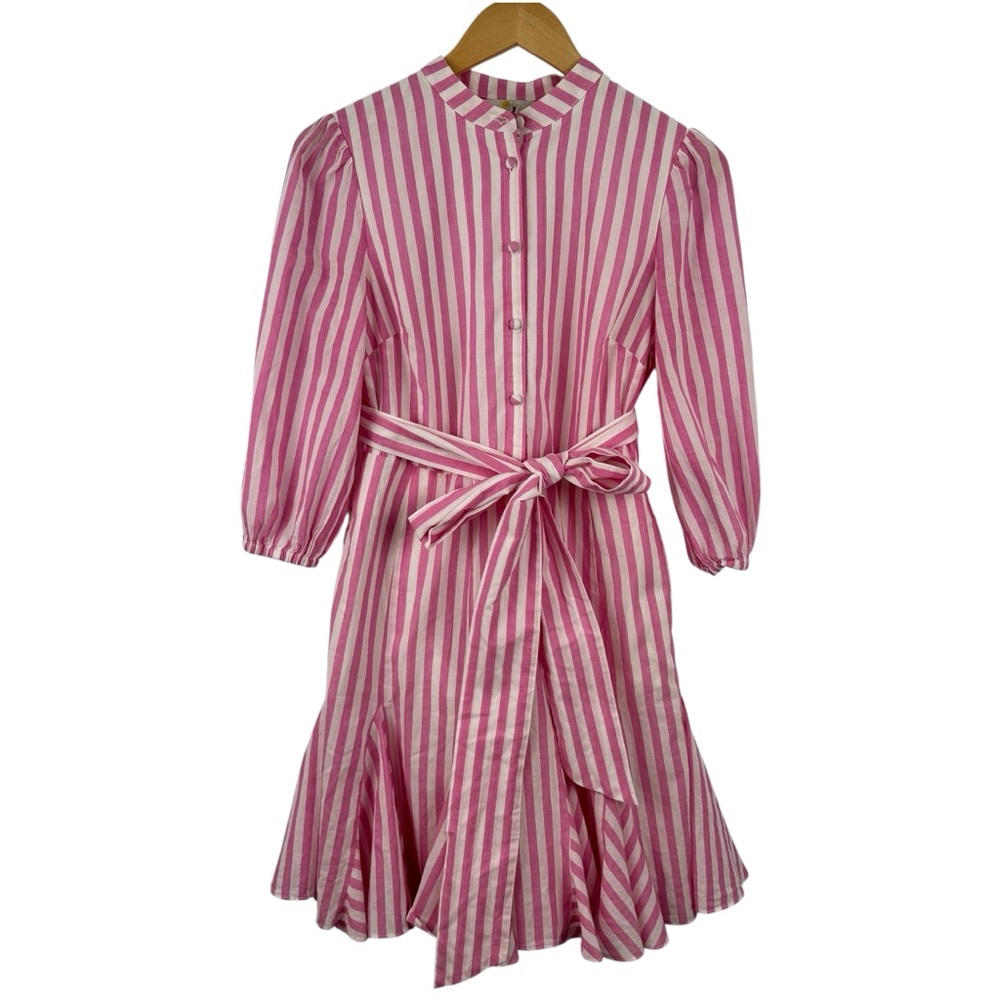 BODEN Puff Sleeve Cotton Pink White Striped Dress Button Down Ruffle Hem SZ 2 - Picture 2 of 16
